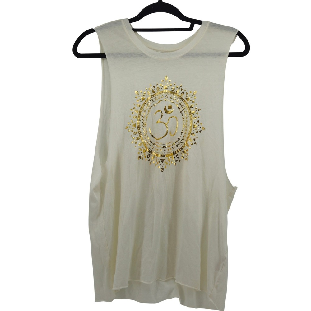 Spiritual Gangster Large Cream Om Muscle Tank Top Raw‎ Hem Yoga Gym Athleisure